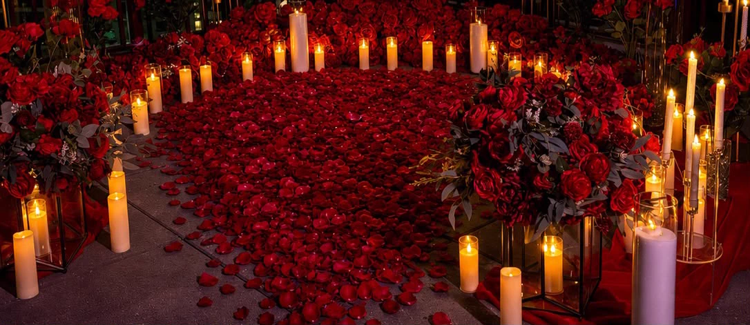 Camino de pétalos de rosa entre velas encendidas